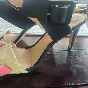 Vince Camuto Black and Cream Buckle Heels
